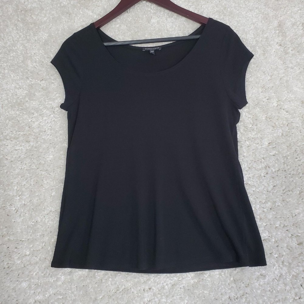 Eileen Fisher Womens Shirt Medium Petite Black Silk Short Sleeve Pullover Light